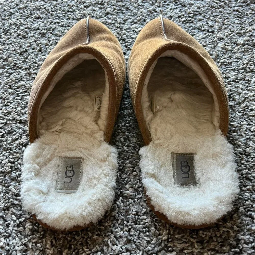 UGG Scuff Men 12 Suede Chestnut Slippers Sheepskin Slip-ons Normcore Preppy - Picture 2 of 7